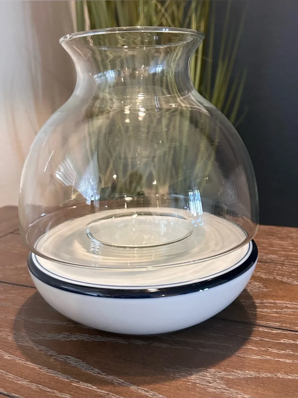 Vintage Dansk International Blue & White Ceramic Hurricane Lamp Candle Holder